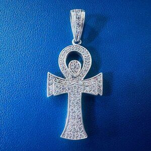 BLING Large Egyptian Ankh Pendant 20.5g CZ Stones - Silver Plated (Stamped .925)